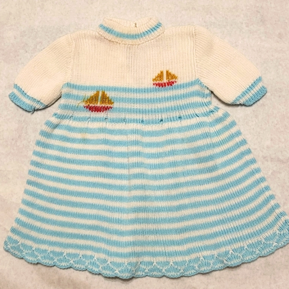 Vintage baby knit striped dress with sailboat detail